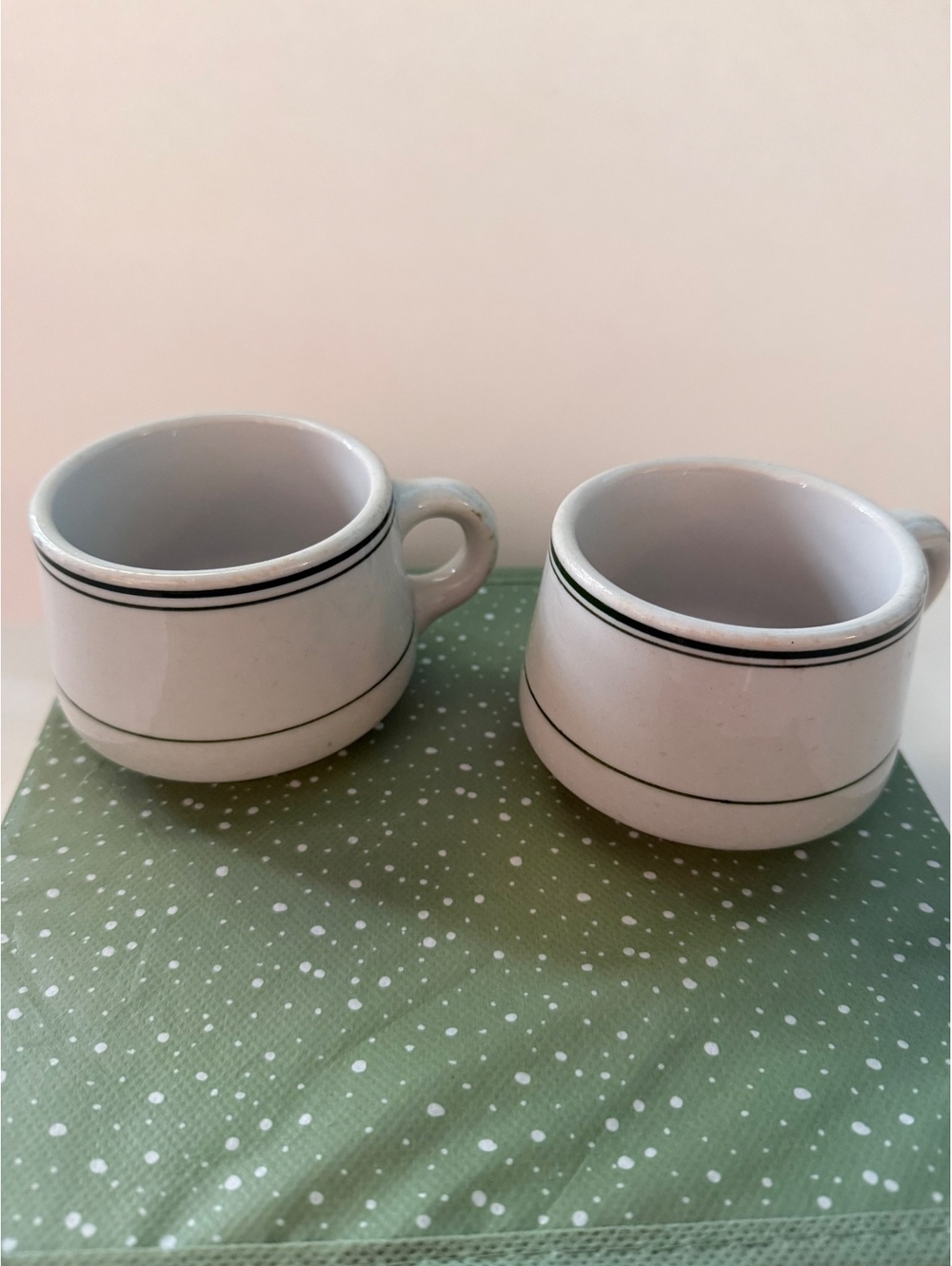 Vintage Wellsville China Coffee Cups Set of 2 Green Stripe Diner Ware USA L-8